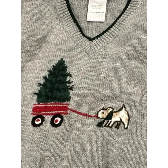 Janie and Jack Boys 12-18m Gray Green Dog Knit Sweater Vest Christmas Holiday - Picture 6 of 6